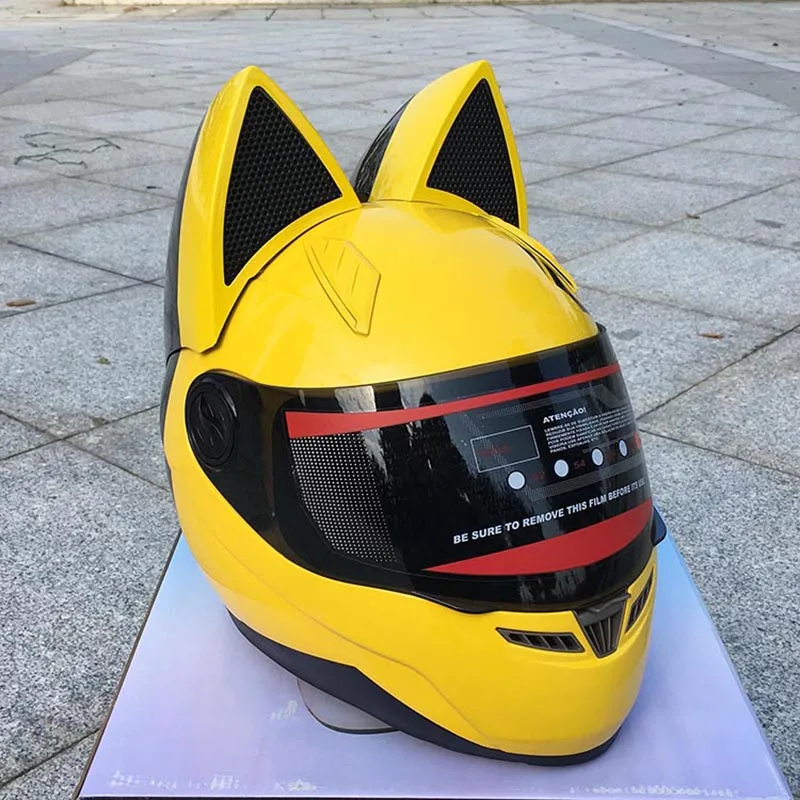 Милое желтое с кошачьими ушками Moto rcycle шлем Автогонки противотуманные полный