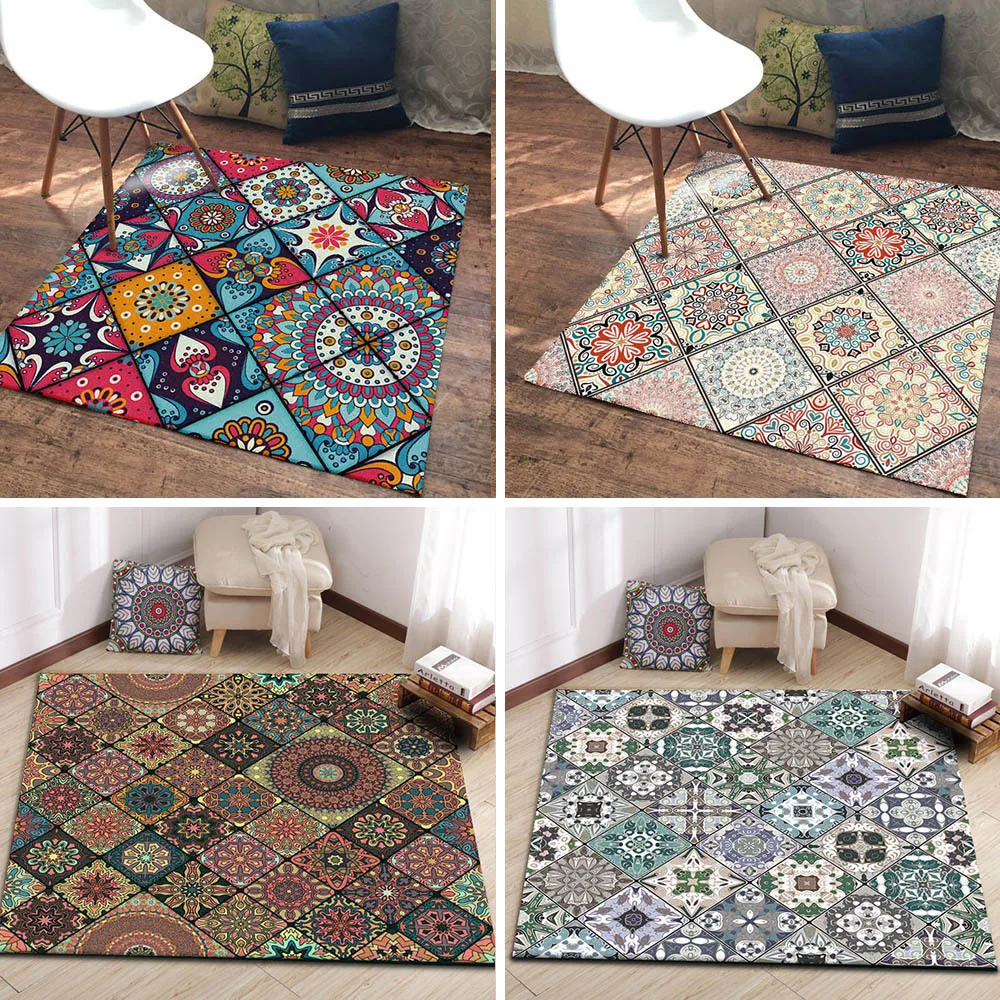 

Bohemia style Mosaic diamond carpet European flower Square living room door mat bedroom floor mat plush non-slip bedside rug