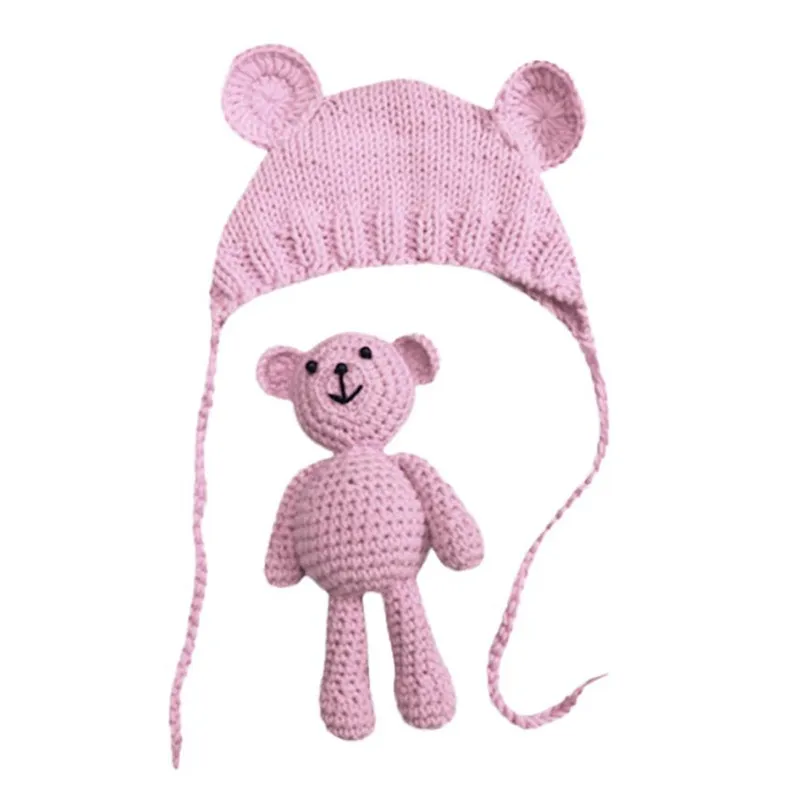 Pink ARLONEET/Модная шапка для новорожденных мальчиков и девочек; реквизит для фотосессии; вязаный костюм «кроше»; комплект из игрушки медведя и шапки; 30S522; Прямая поставка - Цвет: Pink