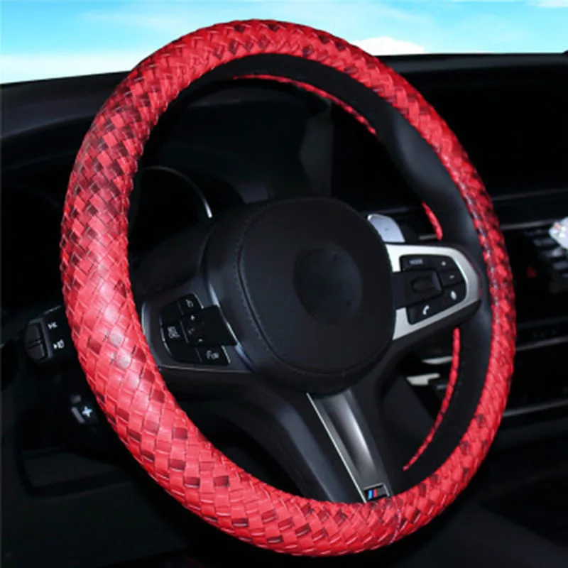 

Braid Car Steering Wheel Cover Leather Weaving Steering-Wheel Covers Case Universal Size M 38cm Auto Interior Accessories