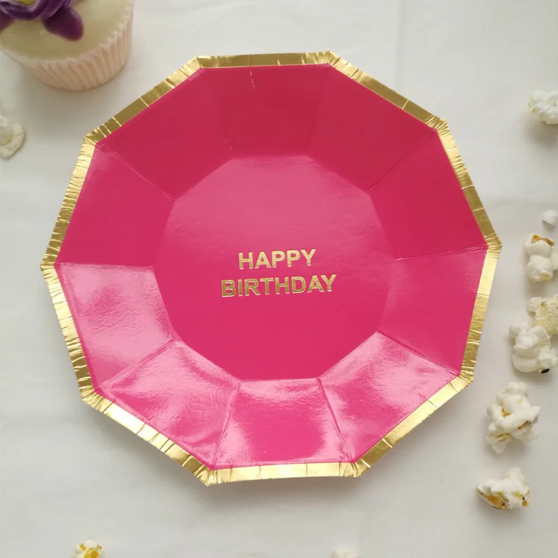 9inch Hot Pink 16 шт. большие 9 дюймов маленькие 7 дюймов бумажные тарелки темно-синего цвета с фольгой золото с днем рождения бумаги пластины день рождения партии еды лоток поставки - Цвет: 9inch Hot Pink