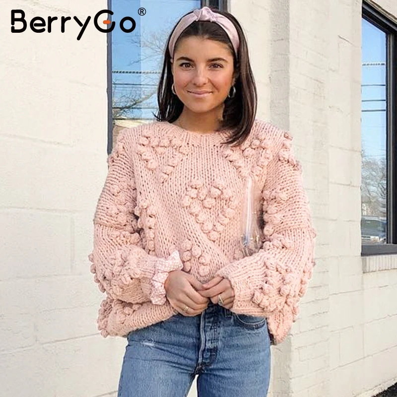 BerryGo Vintage autumn winter knitted sweaters women Casual O neck long sleeve pink pullovers female Pompon loose ladies jumpers | Женская