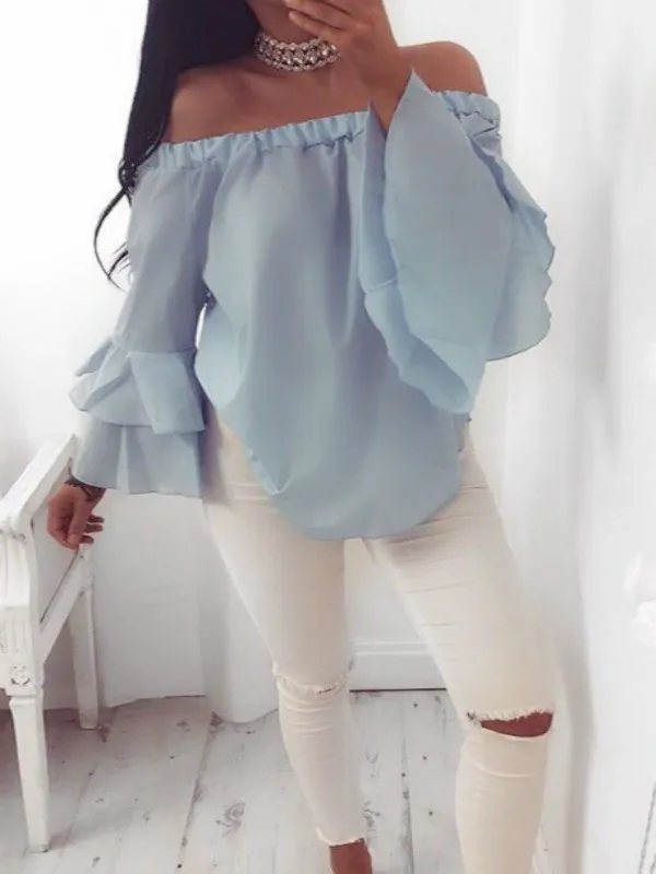 Fashion Summer 2019 Women Ladies Off Shoulder Tops Long Flare Sleeve Shirt Clothes Casual Blouse Loose Shirts | Женская одежда