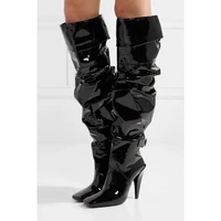spike heels boots women over the knee boots patent leather shoes square toe boots women pleated shoe for fashion show slip on