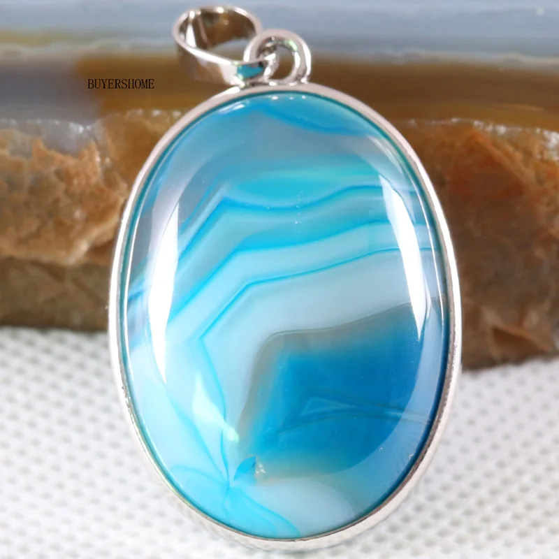 Blue Agate Серебристый Овальный бисер из натурального камня Голубой veins onyx Женское Ожерелье Подвеска 1 шт K667 - Окраска металла: Blue Agate