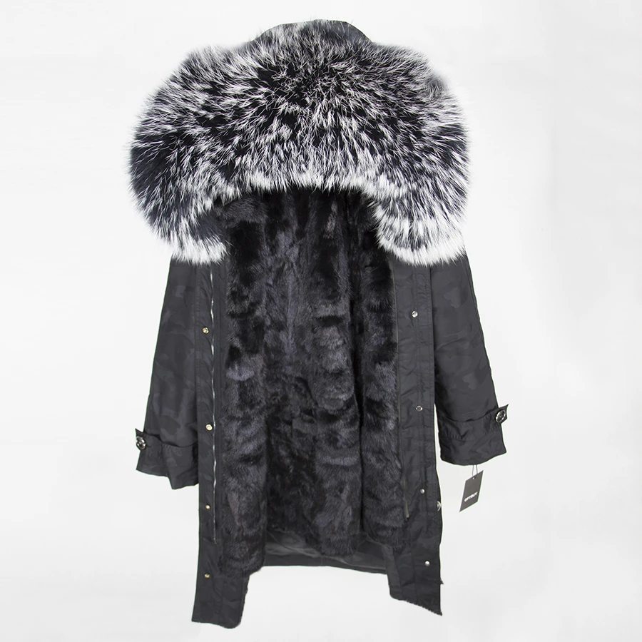 black Camouflage 2 OFTBUY,, пальто с натуральным мехом, X-long, Камуфляжная парка, зимняя куртка для женщин, большой воротник из натурального меха енота, капюшон, подкладка из натурального меха норки - Цвет: black Camouflage 2
