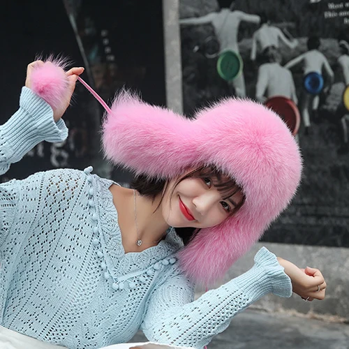 pink Шапки-бомберы из натурального Лисьего меха, зимние теплые женские пушистые шапки-ушанки из натурального Лисьего меха, роскошные качественные шапки из натурального Лисьего меха для русской леди - Цвет: pink