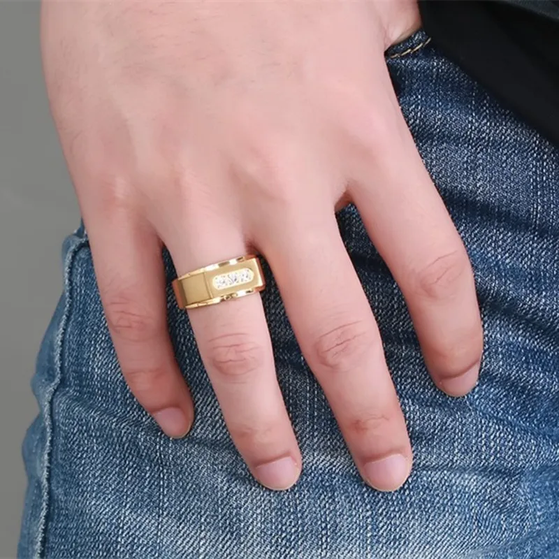 Нержавеющая сталь три CZ алмаз обручальное кольцо золото 18K покрыло обручальные