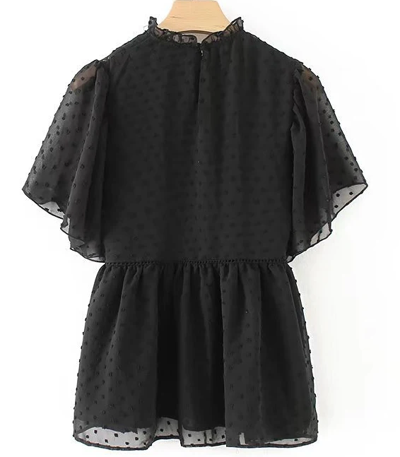 Summer Women Short Sleeve Floral Embroidery Black Jacquard Chiffon Tops And Blouses Camisas Blusas Blancas Femeninas |