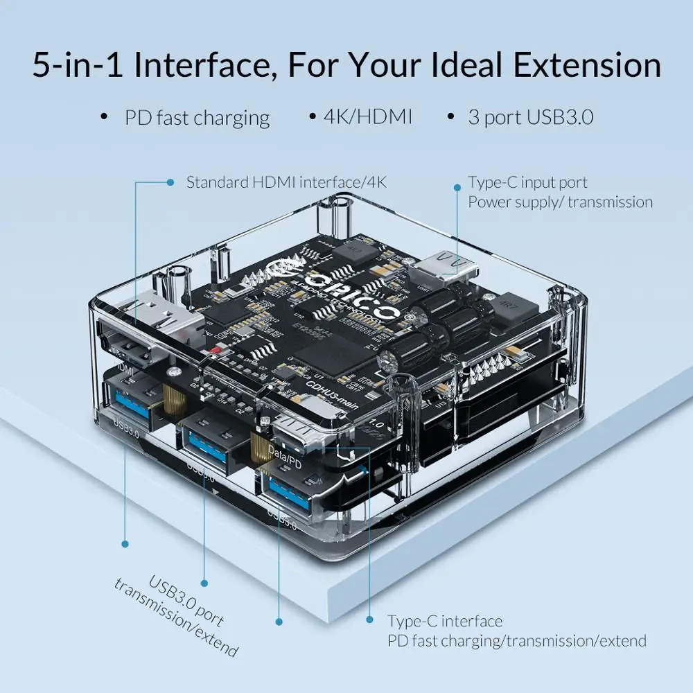 ORICO прозрачный USB C концентратор типа для нескольких USB3.0 4K HDMI 60W PD Быстрая Зарядка