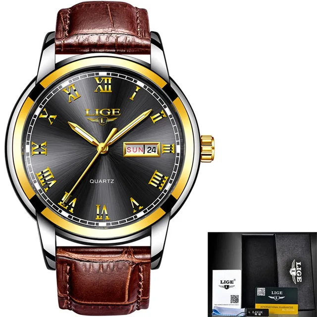 gold black LIGE новые часы для мужчин модные спортивные кварцевые часы для мужчин s часы брендовые роскошные кожаные бизнес водонепроницаемые часы Relogio Masculino+ коробка - Цвет: gold black