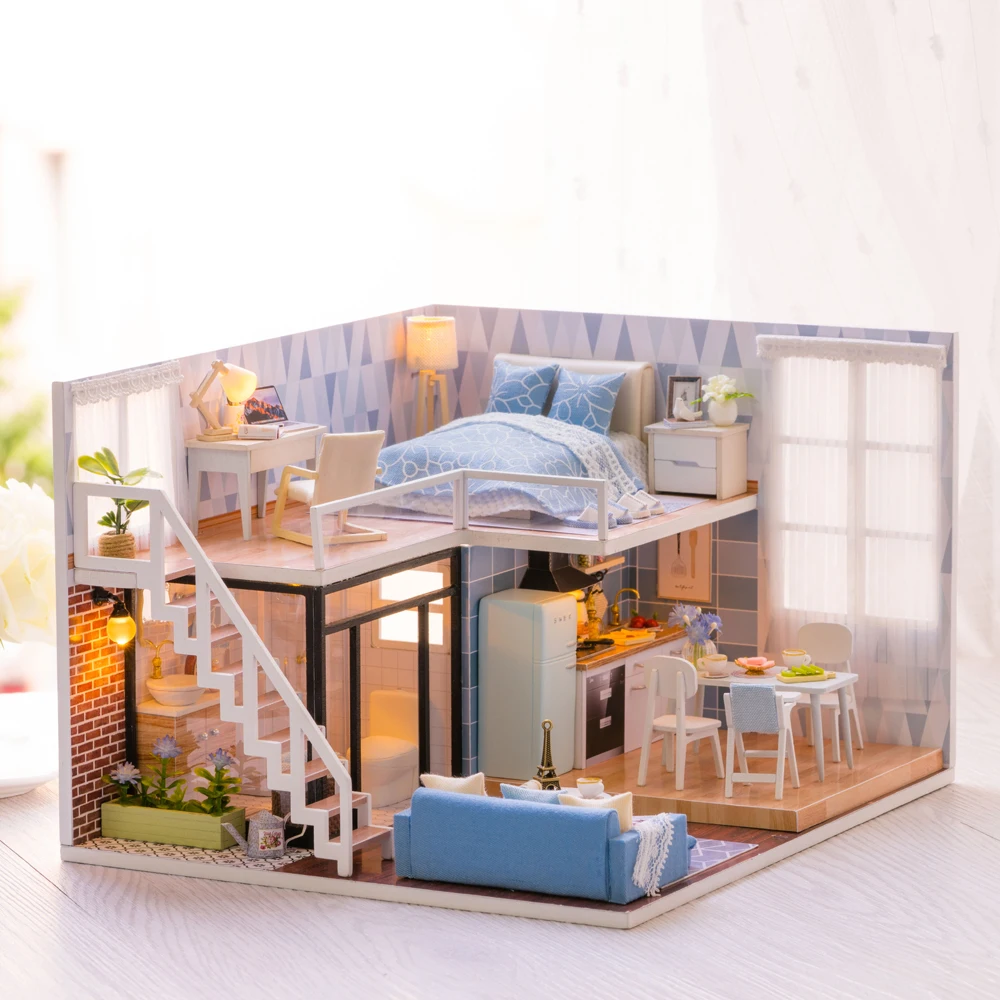 TOOARTS DIY Миниатюрный Лофт Кукольный домик комплект реалистичные Мини 3D деревянный дом комната ручной работы игрушка с мебели светодиодный светильник подарок на день рождения