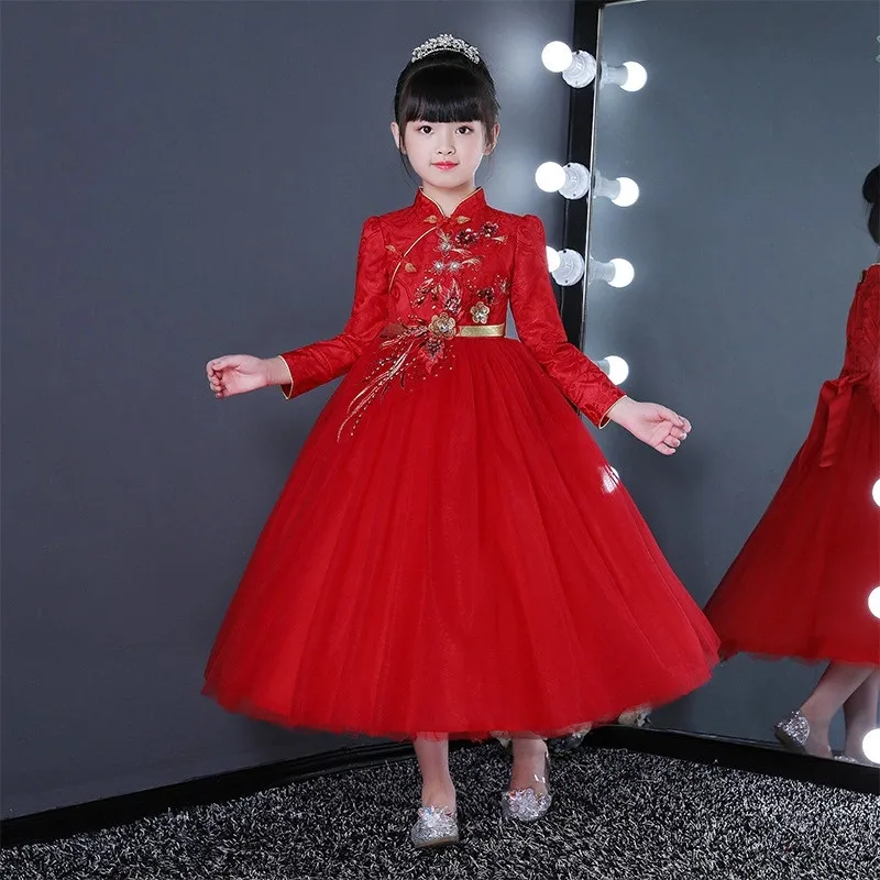 long red Новогодние платья в китайском стиле для девочек платье с вышитыми цветами осенне-зимняя плотная одежда для девочек детская одежда для малышей - Color: long red