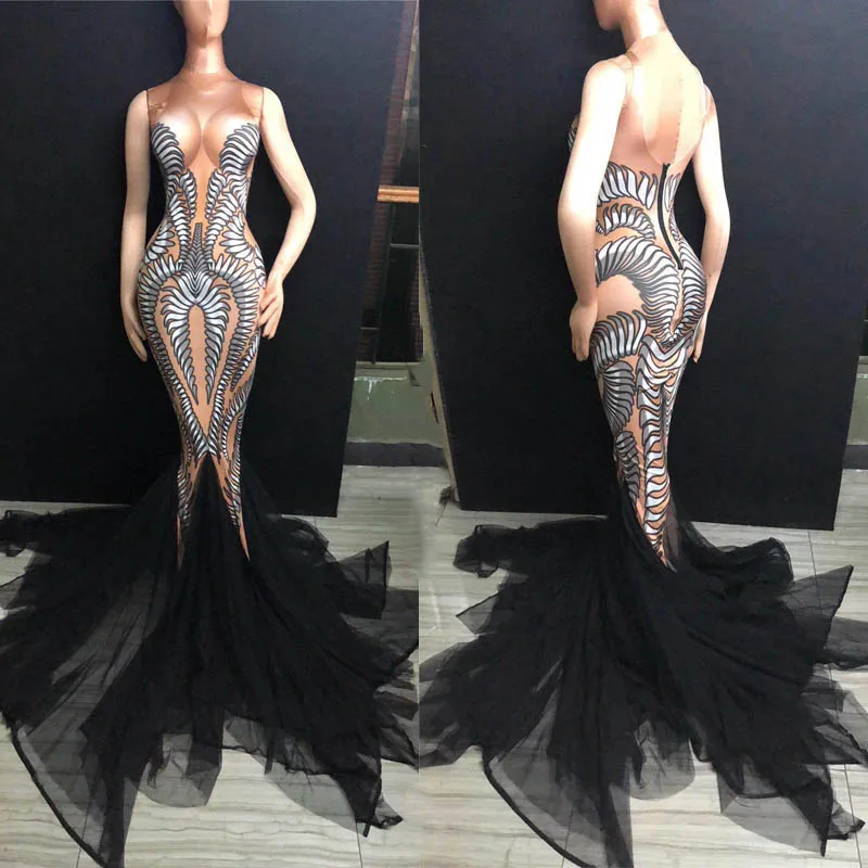 Длинное Сетчатое платье для поезда черное эластичное танцевальное выступлений