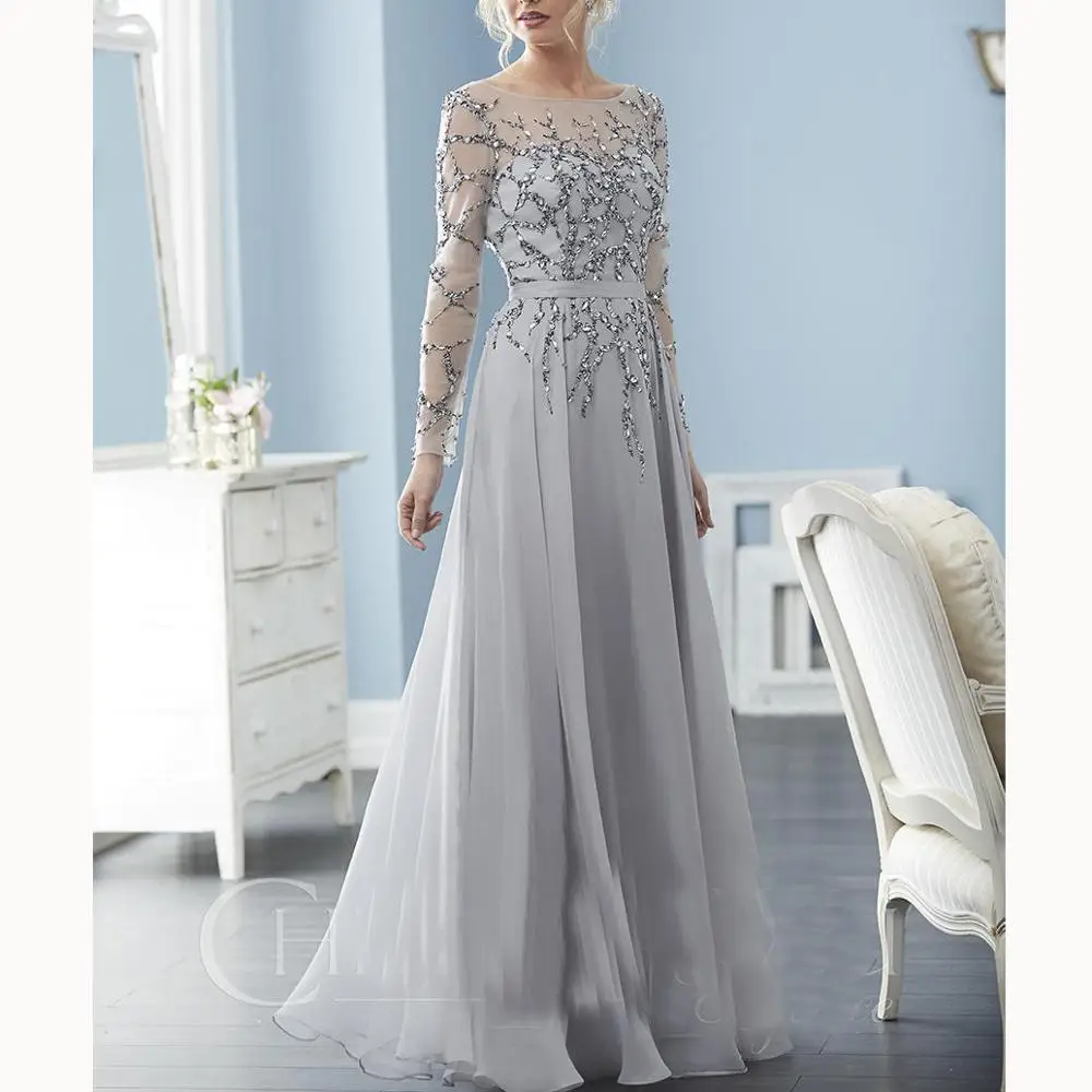 Vestido madrina boda Illusion Бисероплетение створки шифон с длинными рукавами а-силуэта шифон с бисером мать невесты платья для свадьбы