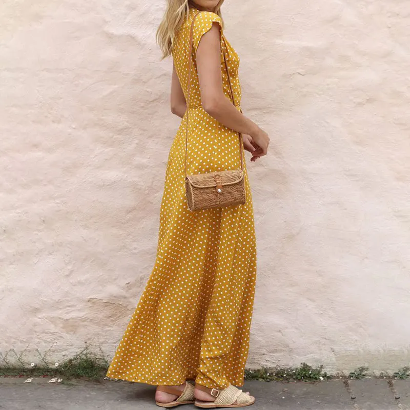 Женское длинное платье в горошек с высокой талией хлопковое до щиколотки