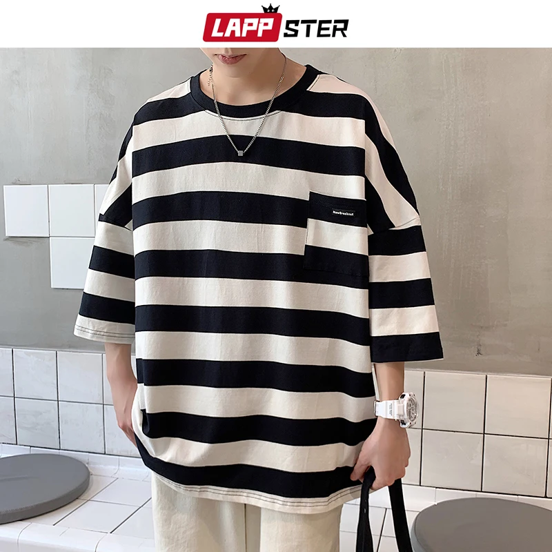 LAPPSTER Harajuku футболка в полоску Лето Мужская Корейская стильная футболка мужская безразмерная желтая футболка хип-хоп Повседневная футболка с карманом