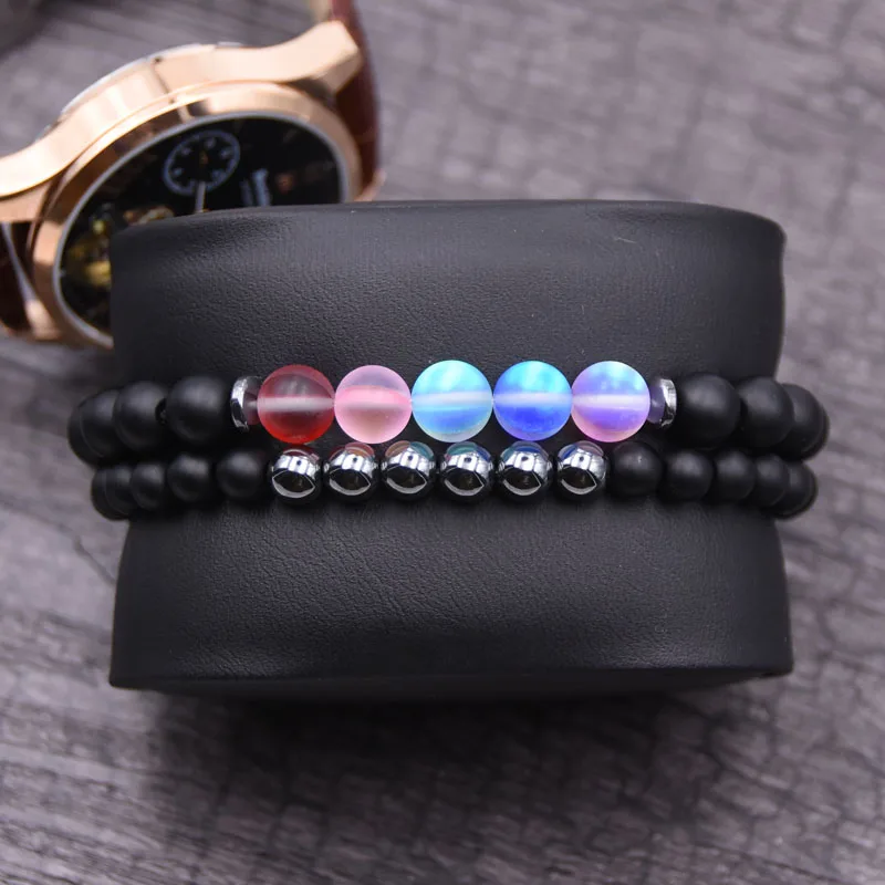 Kang hua 2 pieces/set 6mm 8mm Matte Black natural stone bead bracelets Distance colorful charming jewelry for friend | Украшения и