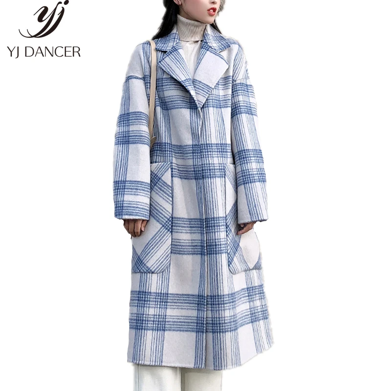 Пальто шерстяное женское свободное синее в клетку большого размера H0216