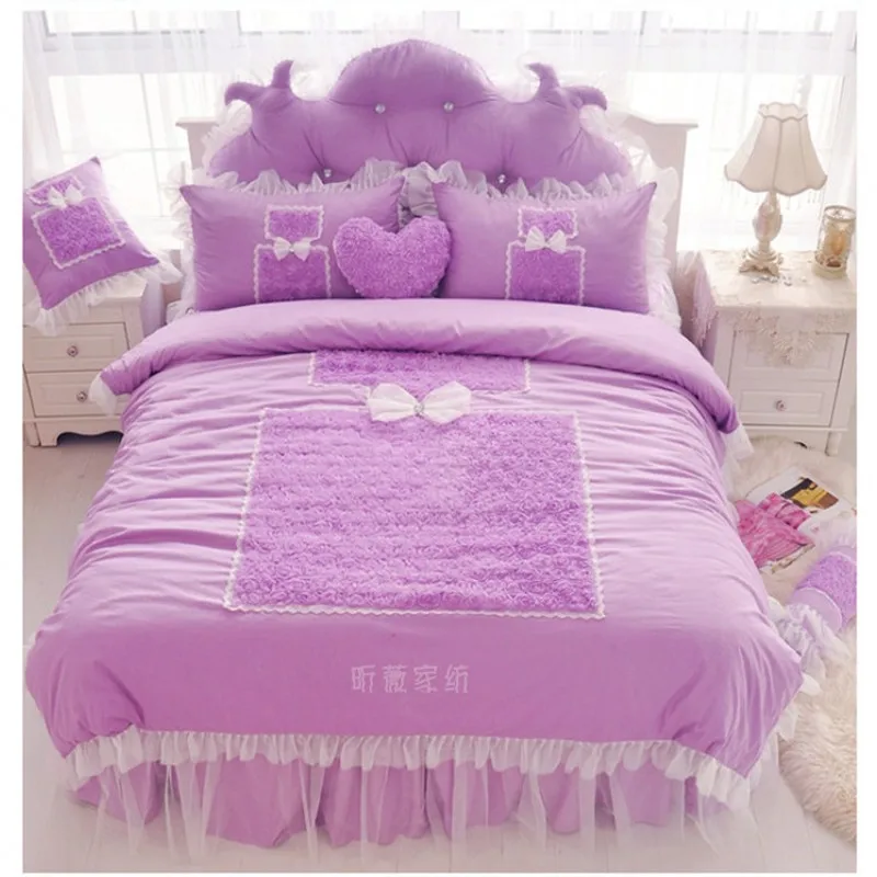 

Korean Princess Bedding Sets White 4pcs Ruffles Bedspread Lace Rose Flower Duvet Cover Queen King Bed Skirt Bedclothes Cotton