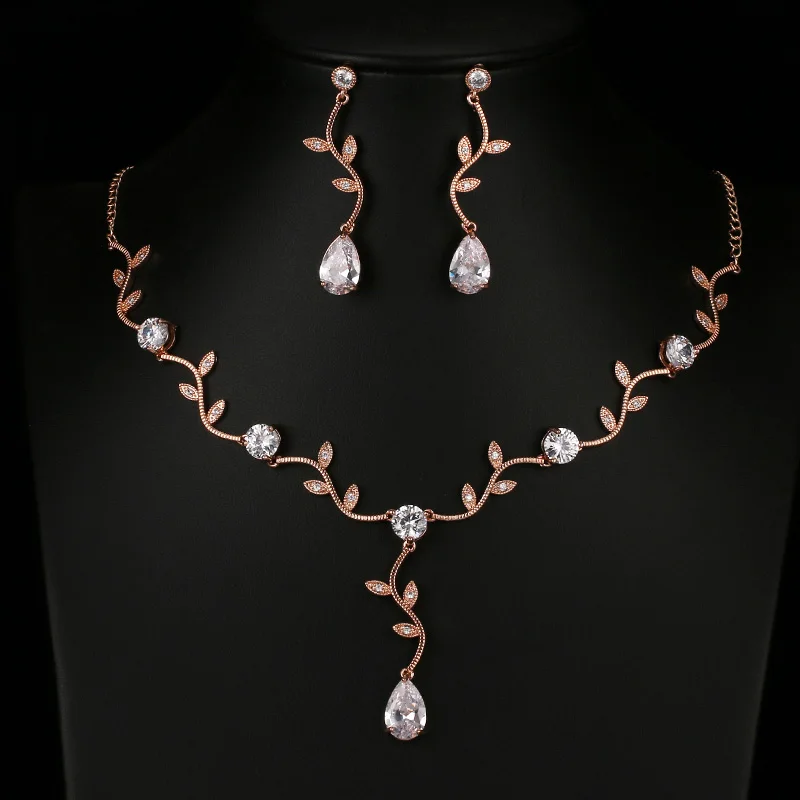 Rose Gold Модный каплевидный циркониевый Кристалл Свадебные Ювелирные наборы роскошный золотой цвет африканский бисер набор украшений для женщин ювелирные изделия AS136 - Окраска металла: Rose Gold