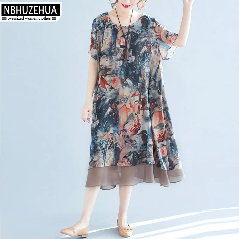 NBHUZEHUA A18 4XL 5XL Women's Chiffon Dress Bohemia Beach Retro Big Size Summer Dresses | Женская одежда