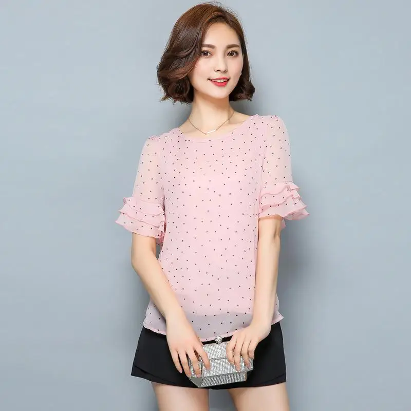 2017 лето шифон блузки с короткими рукавами горошек белая рубашка женские рубашки