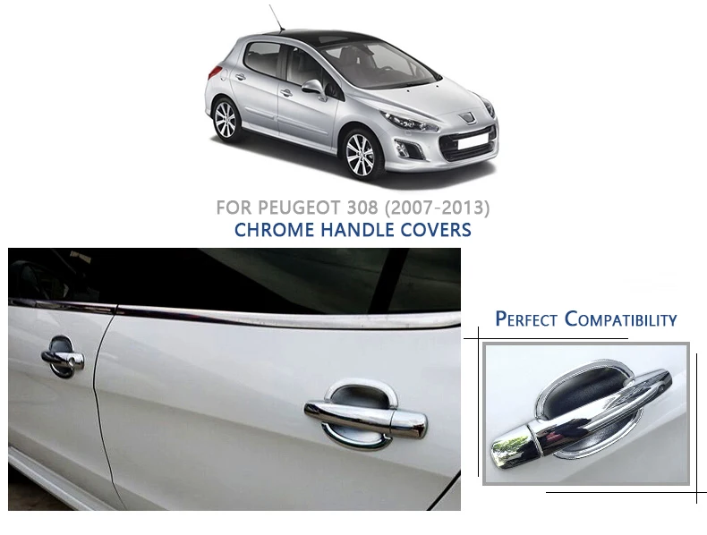 Для Peugeot 308 T7 2008-2013 хромированные Чехлы для ручек 308sw 308cc RCZ набор из 4
