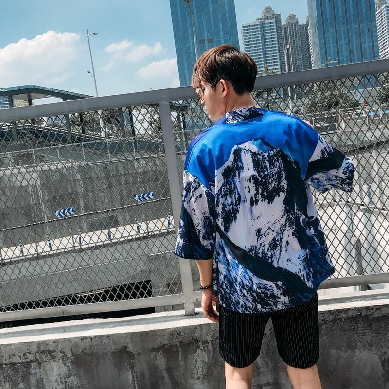 Мужская свободная летняя куртка в японском стиле кимоно с рукавом 3/4 кардиган