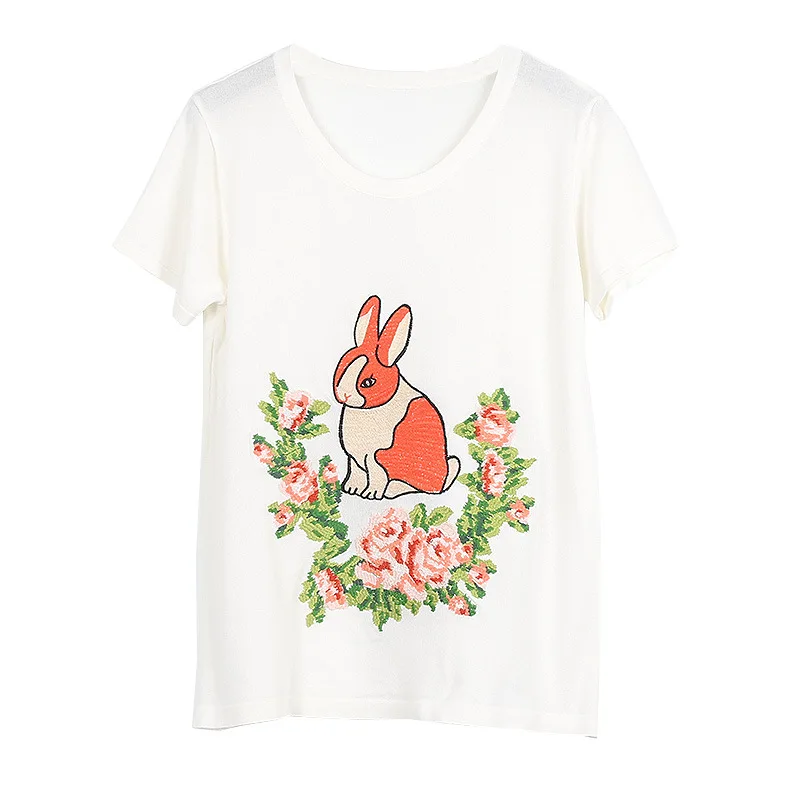 2018 New Summer Female Knitted Tops Sweet Rabbit Floral Cartoon Embroidery Womens Fashion Pullover Shirt Black White Long Sleeve | Женская