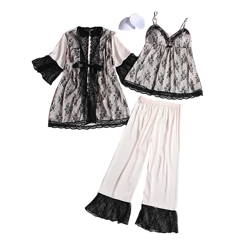 

Satin Pyjamas Women 3Pieces Pajamas for Women Homewear Elegant Sleepwear Female Lace Silk Pajamas With Chest Pad