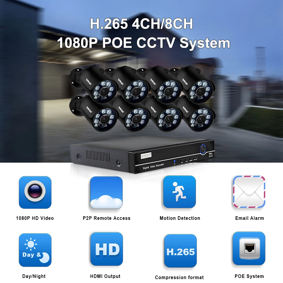 Smar H.265 безопасности Камера Системы 8CH 4CH 1080P HDMI POE NVR Kit металлический 2MP IR уличная IP CCTV камера Камера P2P видео наблюдения