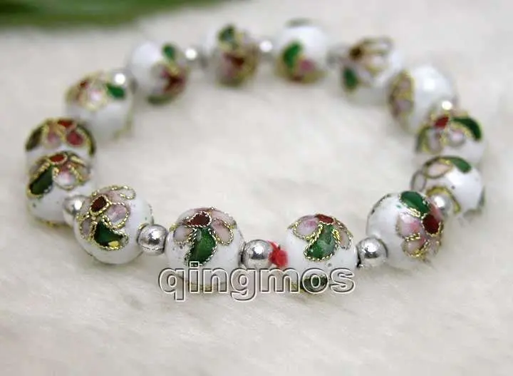 Cloisonne белый круглый 10 мм бусины и тибетский серебряный браслет из бусин-bra125 /розничная
