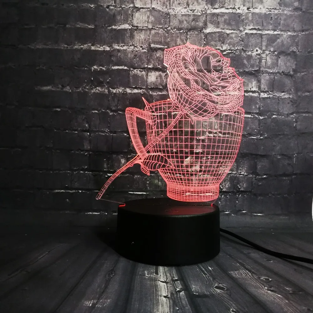 3D светодиодный Ночник светильник с розовым цветком кофейная чашка украшение
