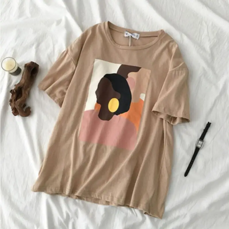 Винтажная женская футболка с абстрактным рисунком летняя тонкая коротким