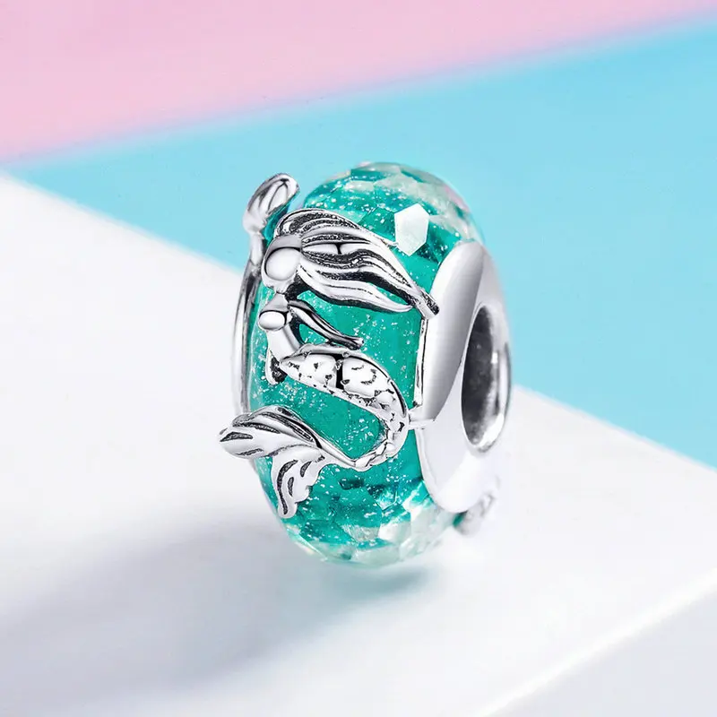 MOWIMO Русалка муранского стекла бусины 925 пробы серебро зеленый шарик подходит Pandora браслет Шарм 925 ювелирные изделия BKC1154