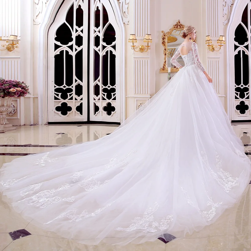 Robe de soriee New Long Wedding Dress 2018 Scoop Sleeves Vestido casamento Bridal Gowns A-line O-Neck | Свадьбы и торжества