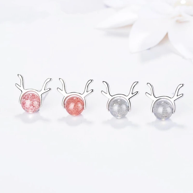 

Sole Memory Strawberry Crystal Antlers Lovely Elk Gradient Gray Moonstone 925 Sterling Silver Female Stud Earrings SEA421