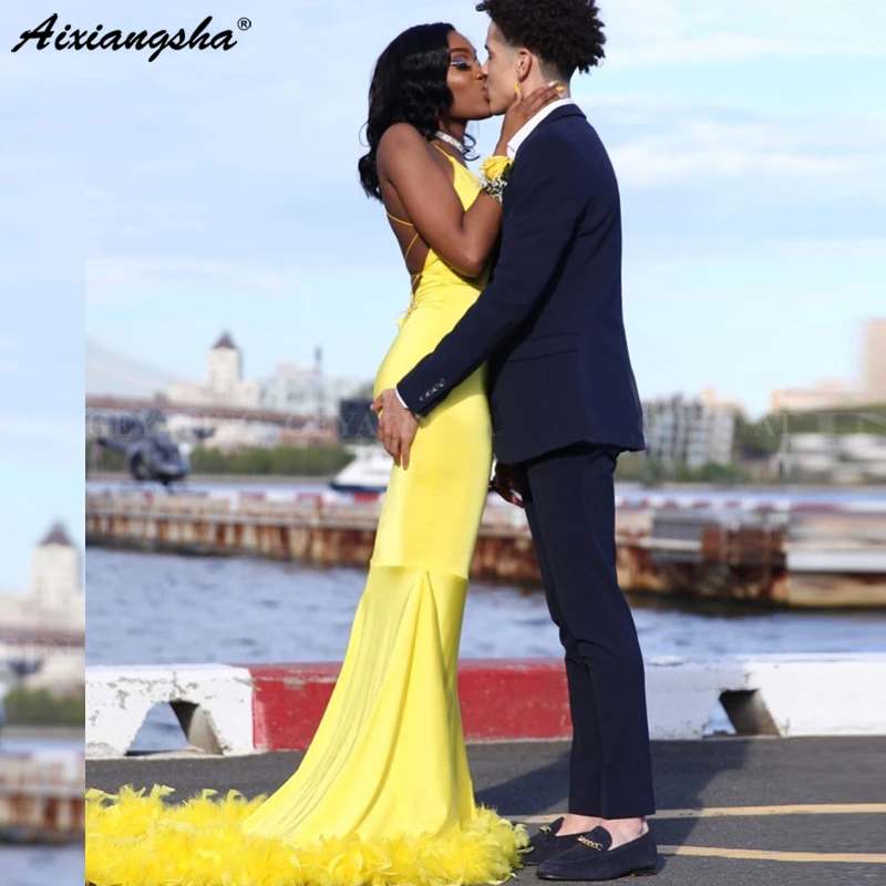 Сексуальное платье для выпускного вечера Русалка с v образным вырезом Желтый и