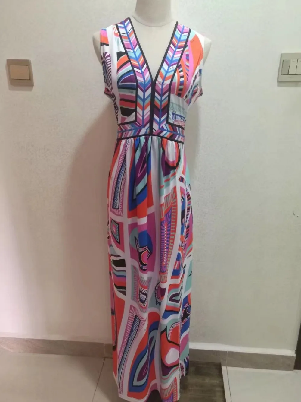 [EFATZP] Luxury Brands Women's Multicolor Abstract Geometric Print Stretch XXL Jersey Silk Dress Tank Maxi Beach Dresses | Женская