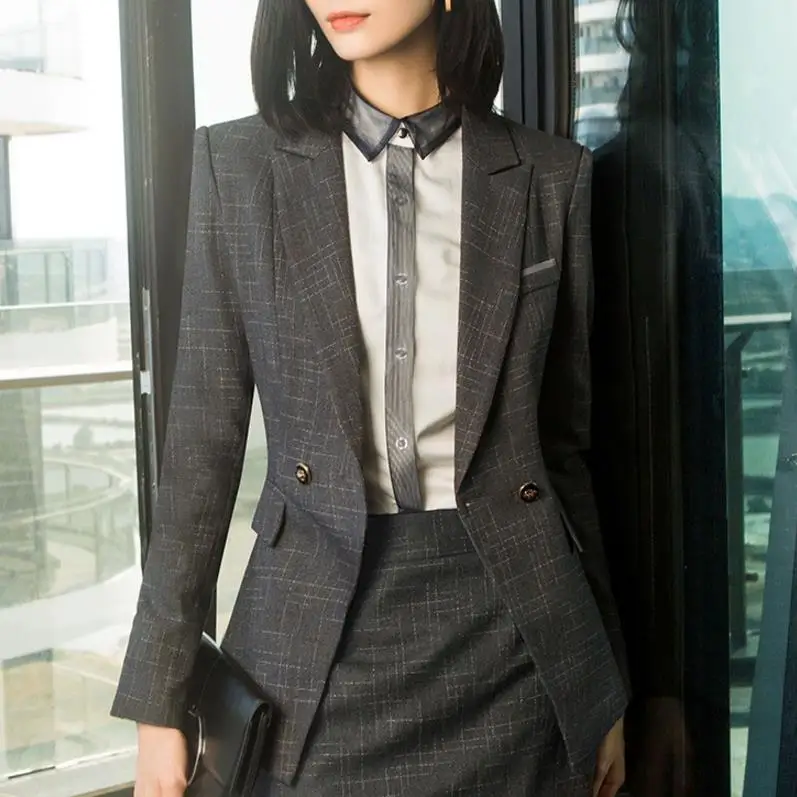 

plus size 4XL 2020 autumn office lady Long Sleeve Plaid Blazers Women Slim OL v-neck Work small suit