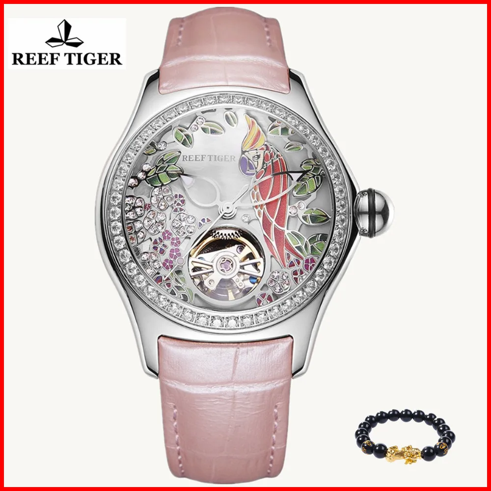 Часы Reef Tiger/RT модные водонепроницаемые с кожаным ремешком автоматические