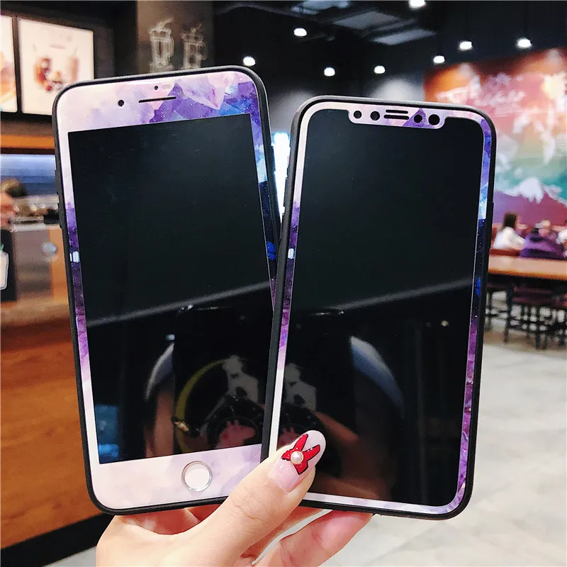 Мультфильм закаленное стекло+ задняя чехол для iPhone 6 6s 6plus 3D мягкий край протектор экрана для iPhone 8 7 plus задняя крышка чехол