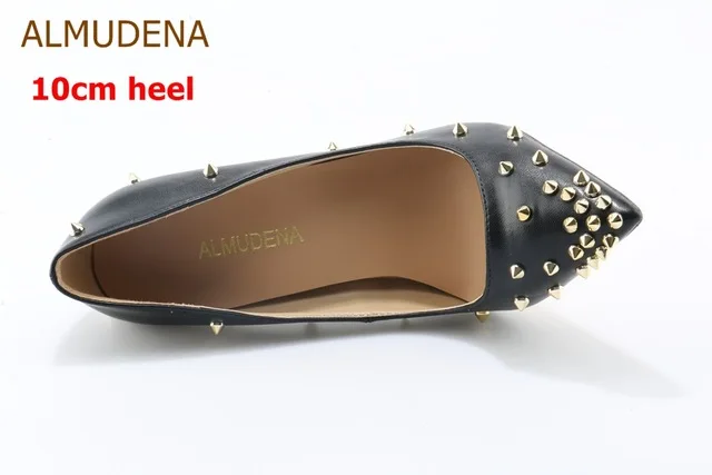 black 10cm heel ALMUDENA/пикантные женские модельные туфли-лодочки с заклепками и острым носком; цвет белый, черный; Туфли-гладиаторы с золотыми заклепками; туфли-лодочки на шпильке 10 см, 12 см - Цвет: black 10cm heel