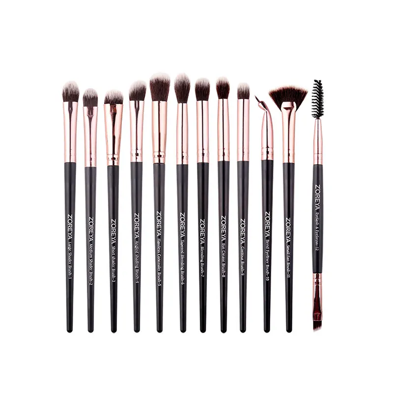 black no bag ZOREYA, 12 шт., Профессиональные кисти для макияжа, черный цвет, тени для век, набор кистей для макияжа, растушевка, подводка для бровей, маленький веер, косметический инструмент - Handle Color: black no bag