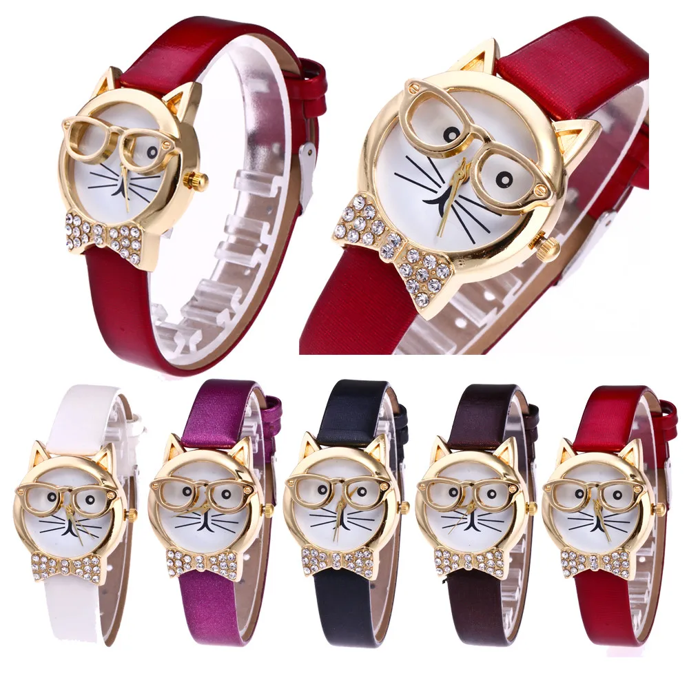 Кварцевые женские часы Montre Femme и мужские очки с котом бантом аналоговые кварцевые