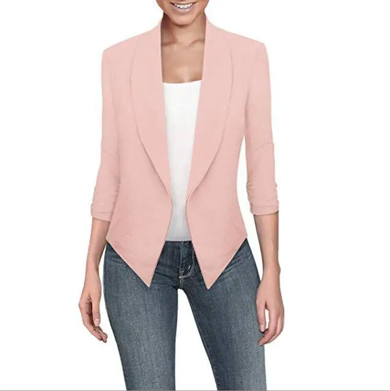 pink Женские модные блейзеры, женские, новинка, весна-лето, длинный кардиган с зубцами, Одноцветный кардиган с неровным подолом, 10 цветов, 8 размеров S-5XL - Цвет: pink