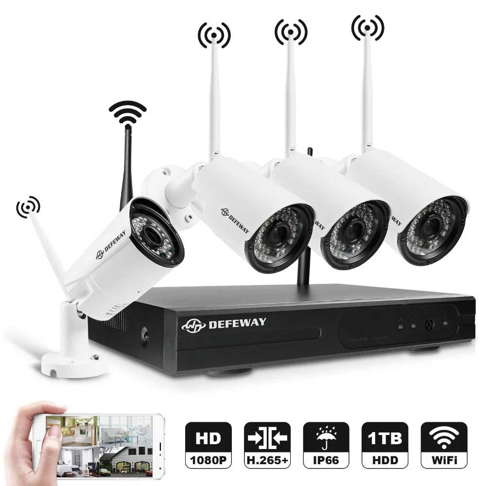 Комплект Безопасности DEFEWAY 4CH 1080P беспроводная камера видеонаблюдения 2.0MP HD Wi Fi