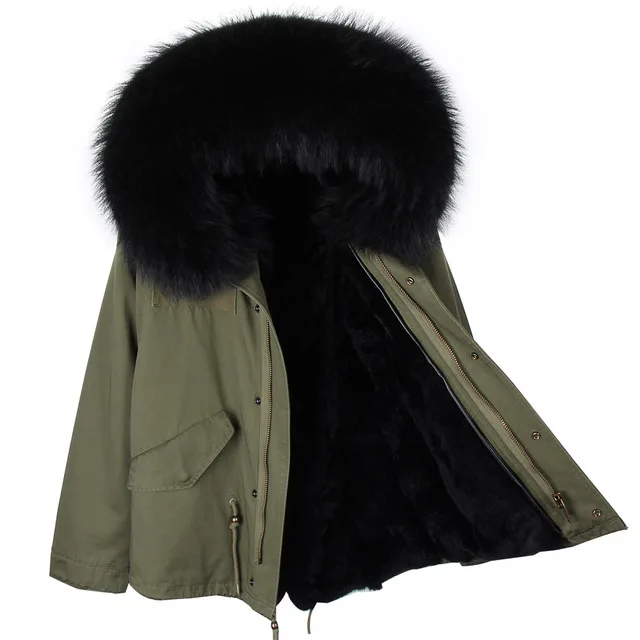 rabbit fur liner Женская куртка на меху кролика и енота OFTBUY, зеленая(цвета хаки) утепленная куртка-парка на кроличьем меху с большим капюшоном, отороченным натуральным мехом енота, зима - Цвет: rabbit fur liner