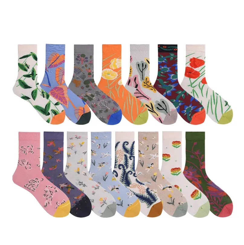 Women's Socks Harajuku full Cotton Cute Crazy Happy Cartoon plant Sweet Funny personality art Flowers Leaves socks for Girl | Женская